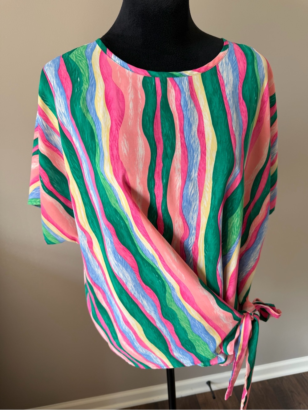 Dreimp Bright Colorful Multicolor Striped Side Tie Blouse XLarge